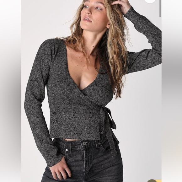 Lulu’s Black and Silver Lure Wrap Sweater Top Medium - Picture 2 of 8
